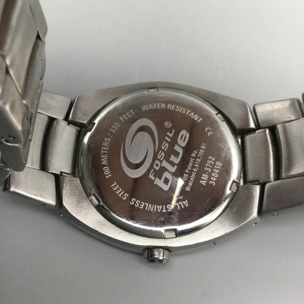 Fossil Blue AM-3752 Mens Watch 40mm Silver Dial Stainless Date New Battery 7.75